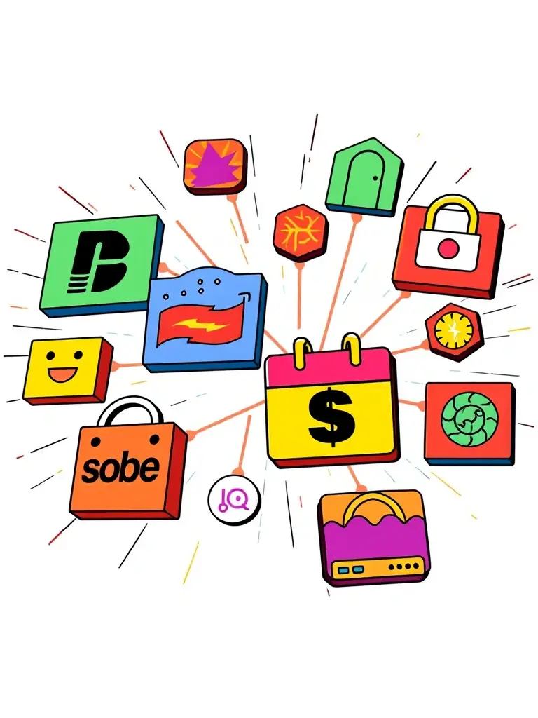 An icon showing multiple online store logos connected by lines, symbolizing PriceShop.ai's ability to aggregate data from various sources for price comparison.